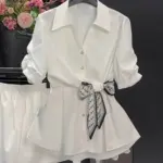 Short-sleeve Top Petite Shirt Fitted-waist Blouse