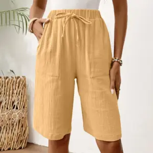 Solid-color Tie-up Loose Casual Capri Pants