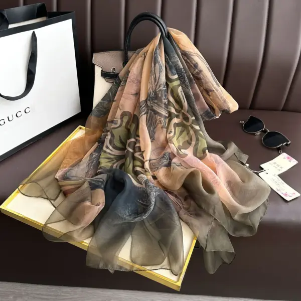 Youshou Silk Scarf Sun Protective Shawl Thin Long Style With Print