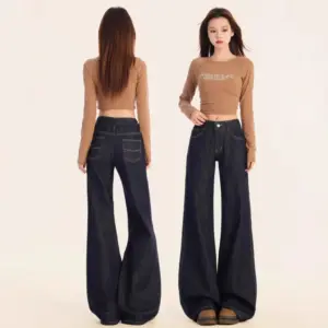 Flattering Dark Blue Low-Waist Flared Jeans for Women