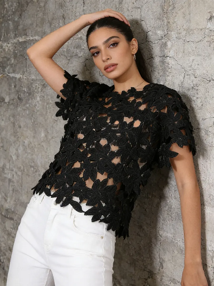 Bold See-Through Black Floral Lace Cut-Out Short Sleeve Top Bold See-Through Black Floral Lace Cut-Out Short Sleeve Top