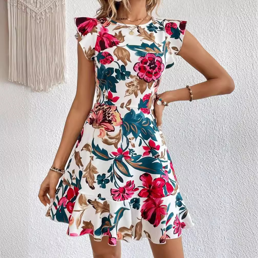 Plants & Flowers Asymmetric Skirt Flounce Sleeve Dress