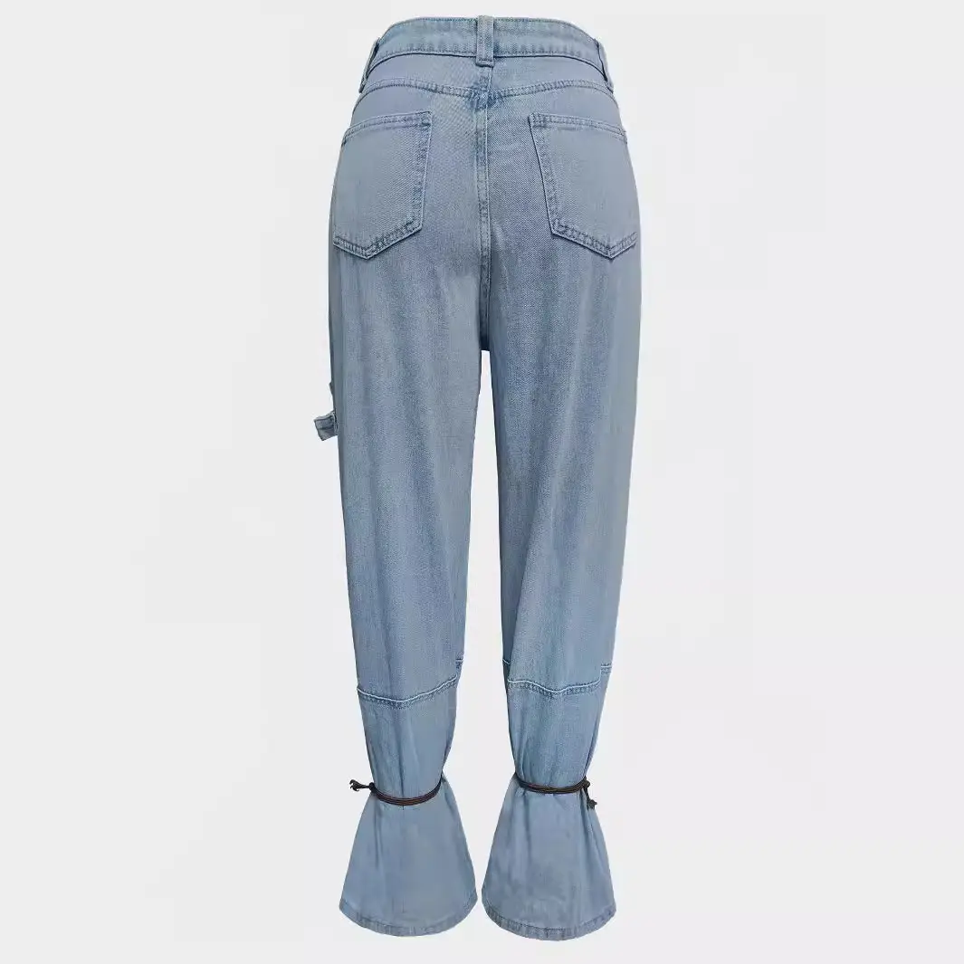 Light Blue Mid-Rise Women’s Jeans with Drawstring Ties