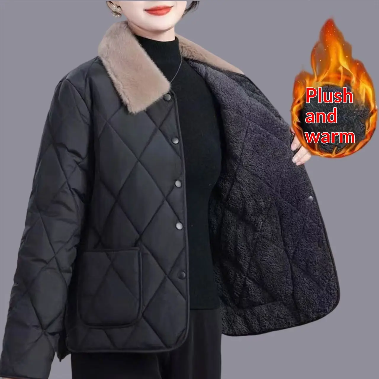 Warm Women’s Mid-Length Polyester Coat with Thick Fabric