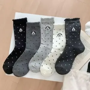 New Spring, Summer And Autumn Socks, Japanese Style Polka Dot Puppy Jacquard Women's Socks, Cotton, Sweat-Absorbent Breathable, Versatile Simple Medium-Long Tube
