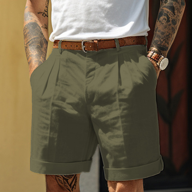 Relaxed Fit Linen Pleated Pocket Straight-Leg Shorts for Men Relaxed Fit Linen Pleated Pocket Straight-Leg Shorts for Men