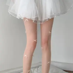 Sheer White Bow Rhinestone Tights, Cute Coquette Pearl Pantyhose, Sparkle Bow Detail Sheer Stockings For Y2K Lolita Outfits