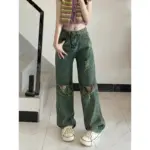 d0cebef7-4500-422a-a095-70869de9e329.webp Bold Dark Green Wide-Leg Torn Denim Jeans, High Waist