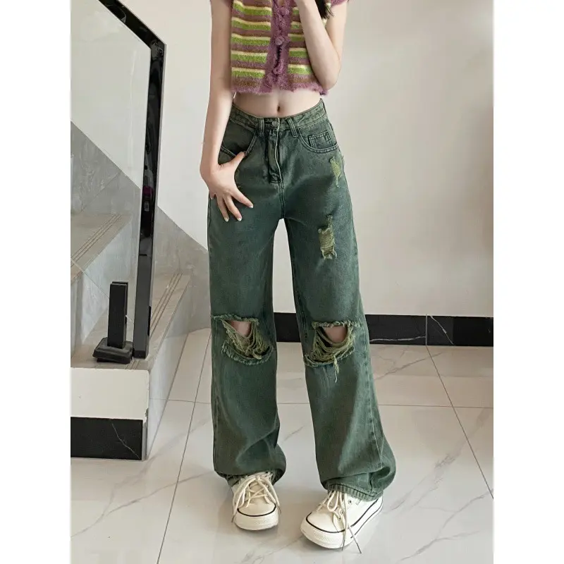 Bold Dark Green Wide-Leg Torn Denim Jeans, High Waist Bold Dark Green Wide-Leg Torn Denim Jeans, High Waist