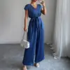 Wrinkle-Free Blue Deep V Lace-Up High-Waist Jumpsuit Wrinkle-Free Blue Deep V Lace-Up High-Waist Jumpsuit