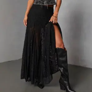 European And American Retro Versatile Black Polyester Lace Sheer Skirt