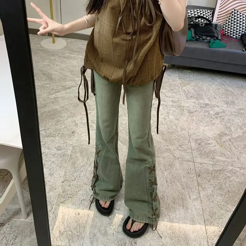Stretchy Retro Green Wide-Leg Denim Pants for Women