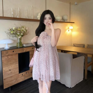 Women Hanging Neck Flower Chiffon Suspender Dress