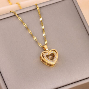 Double-Layer Heart Love Necklace with Rhinestones, Titanium Steel