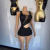 Stretch Black Ribbed Cropped Jumpsuit Romper with Straps