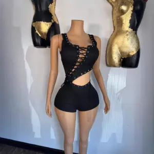 Stretch Black Ribbed Cropped Jumpsuit Romper with Straps