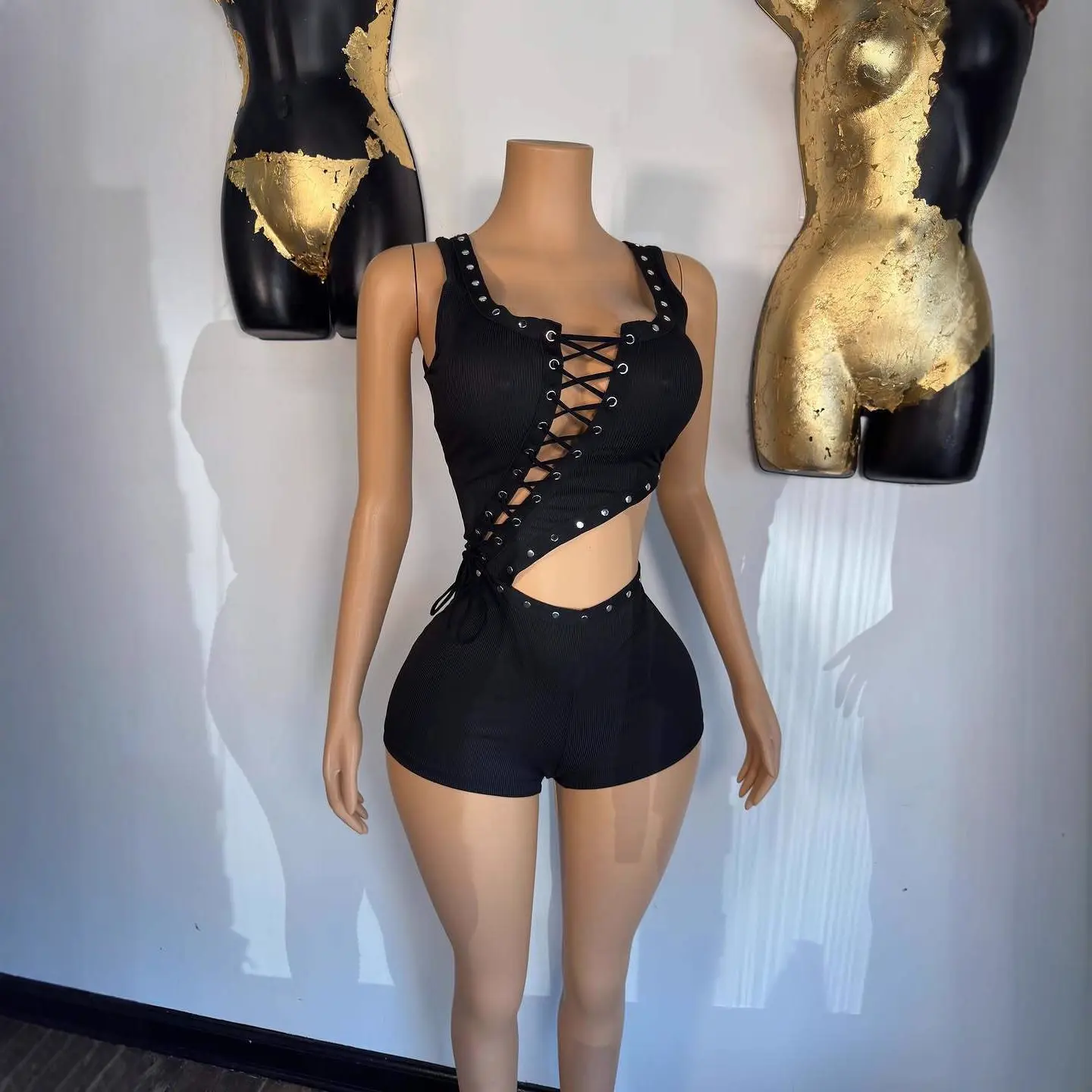 Stretch Black Ribbed Cropped Jumpsuit Romper with Straps Stretch Black Ribbed Cropped Jumpsuit Romper with Straps