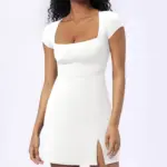 Side Slit Slimming A- Line Lady Slim Fit Square Collar Half Sleeve Dress