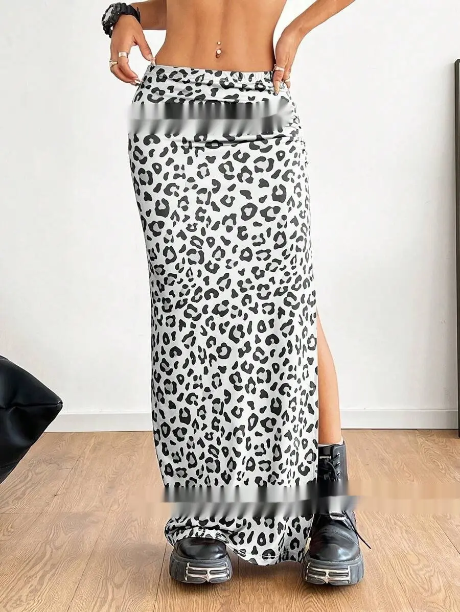Animal Print Cow Milk Silk Pleated Slit Long Dress for Women