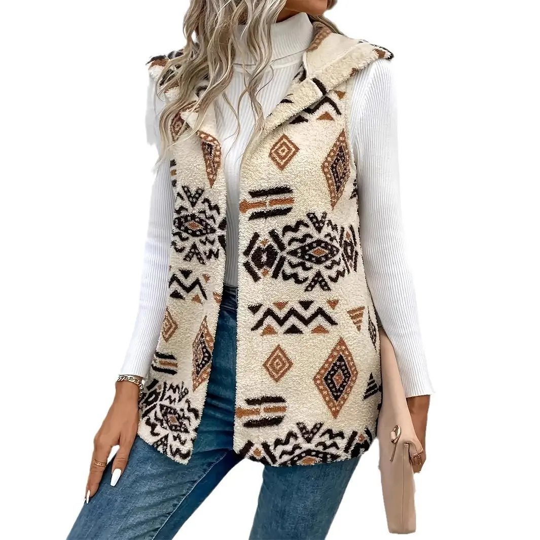Reversible Hooded Vest for Women, Geometric Print Beige Reversible Hooded Vest for Women, Geometric Print Beige