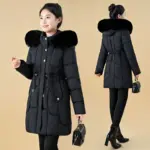 Warmth-Boosting Womens Mid-Length Padded Jacket with Detachable Fur Collar