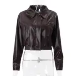 Retro Brown PU Leather Zipper Jacket for Women, Slim Fit