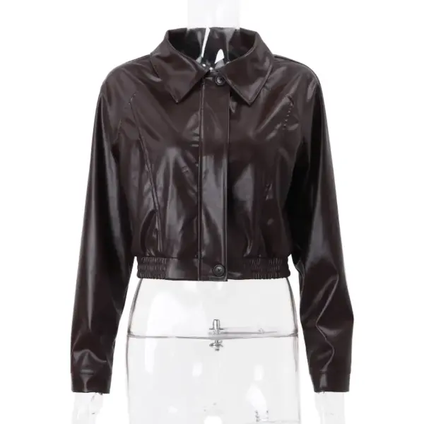 Retro Brown PU Leather Zipper Jacket for Women, Slim Fit