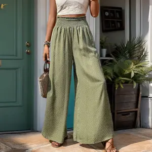 High-Waist Elastic Waist Green Wide-Leg Pants for Women