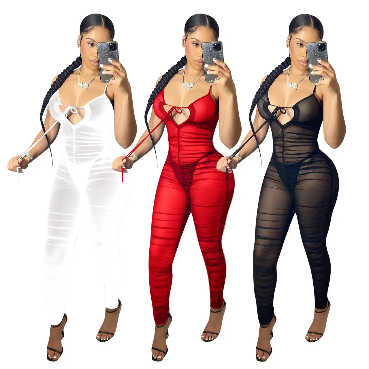 Ruched Sheer Mesh Skinny Jumpsuit for Women, Streetwear