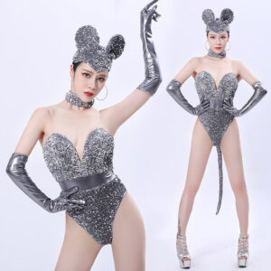 Light-Catching Grey Sequin Stage Costume Set for Women - One Size