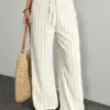 Textured Striped Wide-Leg Pants For Women, Elastic Waist Drawstring Casual Floor-Length Pants Textured Striped Wide-Leg Pants For Women, Elastic Waist Drawstring Casual Floor-Length Pants