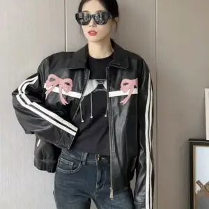 Women's Bow-Knot Zipper Leather Jacket