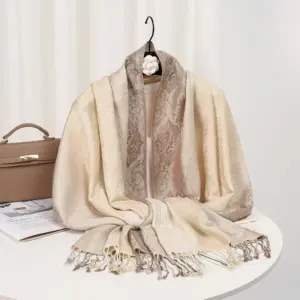 Breathable Apricot Jacquard Tassel Shawl for Sun Protection