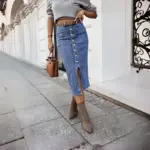 High-Waist Split Denim A-Line Skirt with Button Closure