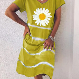Summer New Style Flower Sunflower Stripe Print Short Sleeve Dress Women