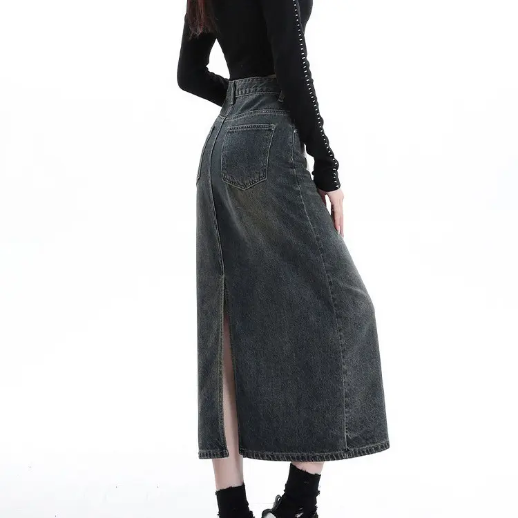 High-Waisted A-Line Denim Skirt for Retro Korean Style