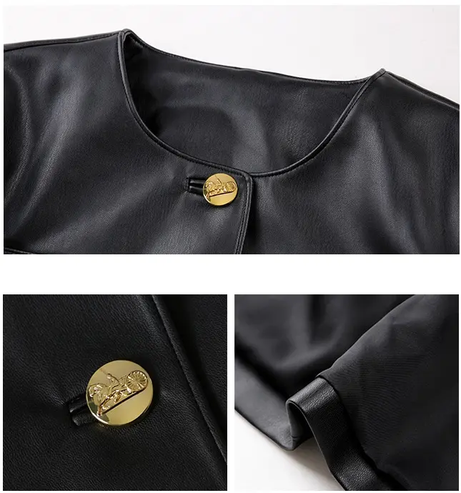 Sleek Black Faux Leather Cardigan Jacket, Round Neck Fit Sleek Black Faux Leather Cardigan Jacket, Round Neck Fit