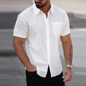 Breathable Pure Cotton Men’s Short Sleeve Shirt with Pocket