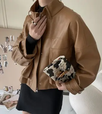 Brown Women’s Faux Leather Jacket Stand-Up Collar Brown Women’s Faux Leather Jacket Stand-Up Collar