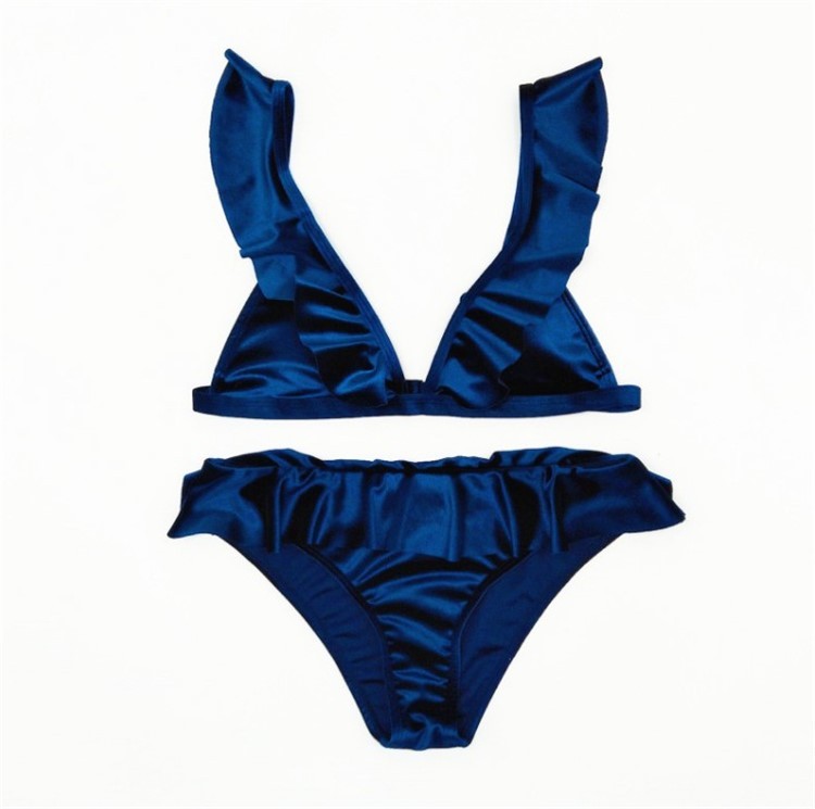 Support-Free Velvet Ruffle Bikini Set with Removable Pads