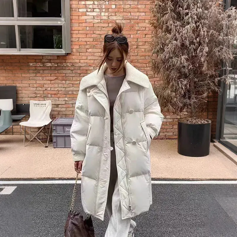 Warmth-Focused Long Cotton Padded Coat with Turn-Down Collar