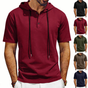 Men's Henley Hoodie T-Shirt with Drawstring Hood (Poly)