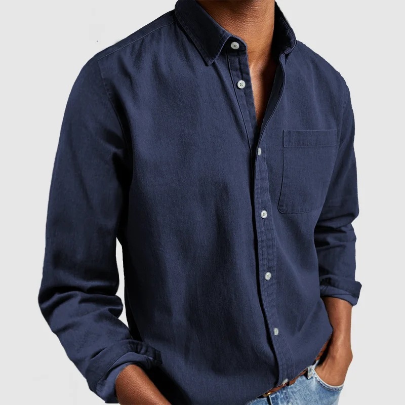 Men’s Long Sleeve Lapel Shirt in Solid Cotton-Blend - Regular Fit Men’s Long Sleeve Lapel Shirt in Solid Cotton-Blend - Regular Fit