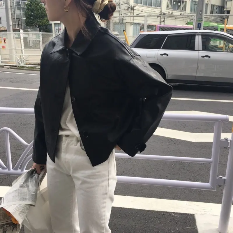 Matte Black Retro Leather Jacket with Loose Fit for Everyday