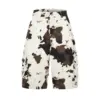 Multi-Pocket Retro Cow Motif Work Shorts for Women - Apricot
