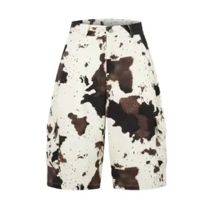 Retro Cow-Motif Multi-Pocket Work Shorts for Women - Apricot