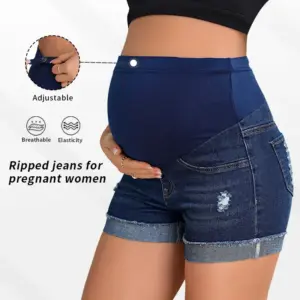 Simple High-Waisted Belly-Support Maternity Denim Shorts