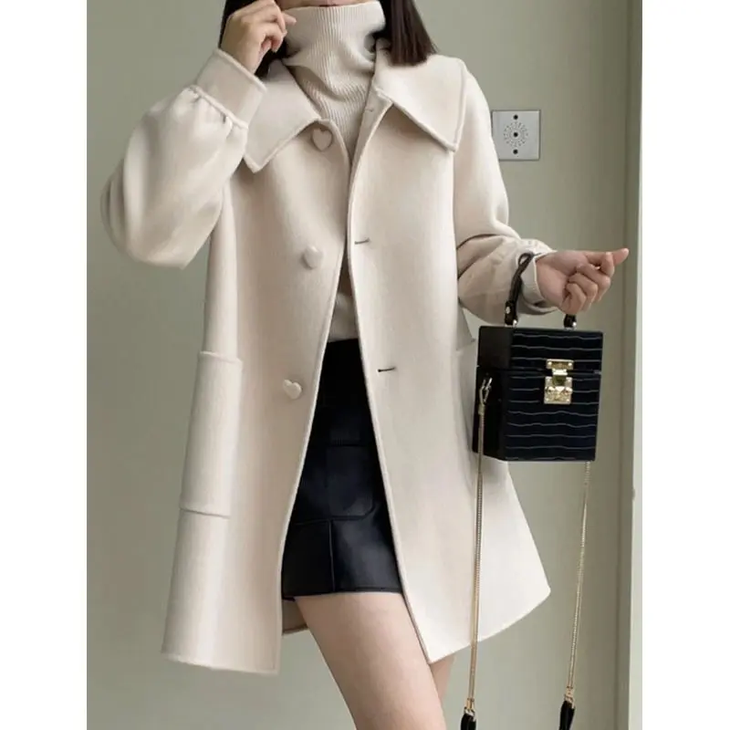 Womens Geometric Wool Coat with Doll Neck Patchwork