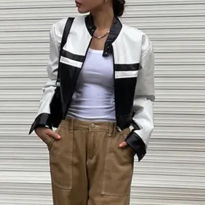 Black & White Slim Fit Ladies Leather Jacket, Long Sleeve