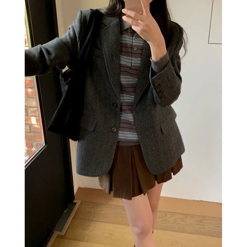 Retro Tweed Single-Breasted Coat for Women, Free Size